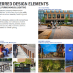Image of a preferred design element board showing wooden benches, lighting, planters, and other elements from example images.
